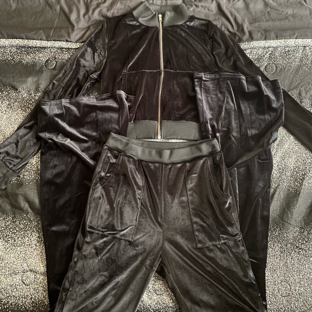 Sporty Velvet Solid Zipper 2 Piece Pant Sets